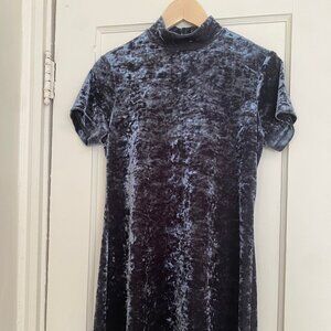 Vtg 1990s LA BELLE Crushed Blue Velvet Mockneck Mini Dress Size XS